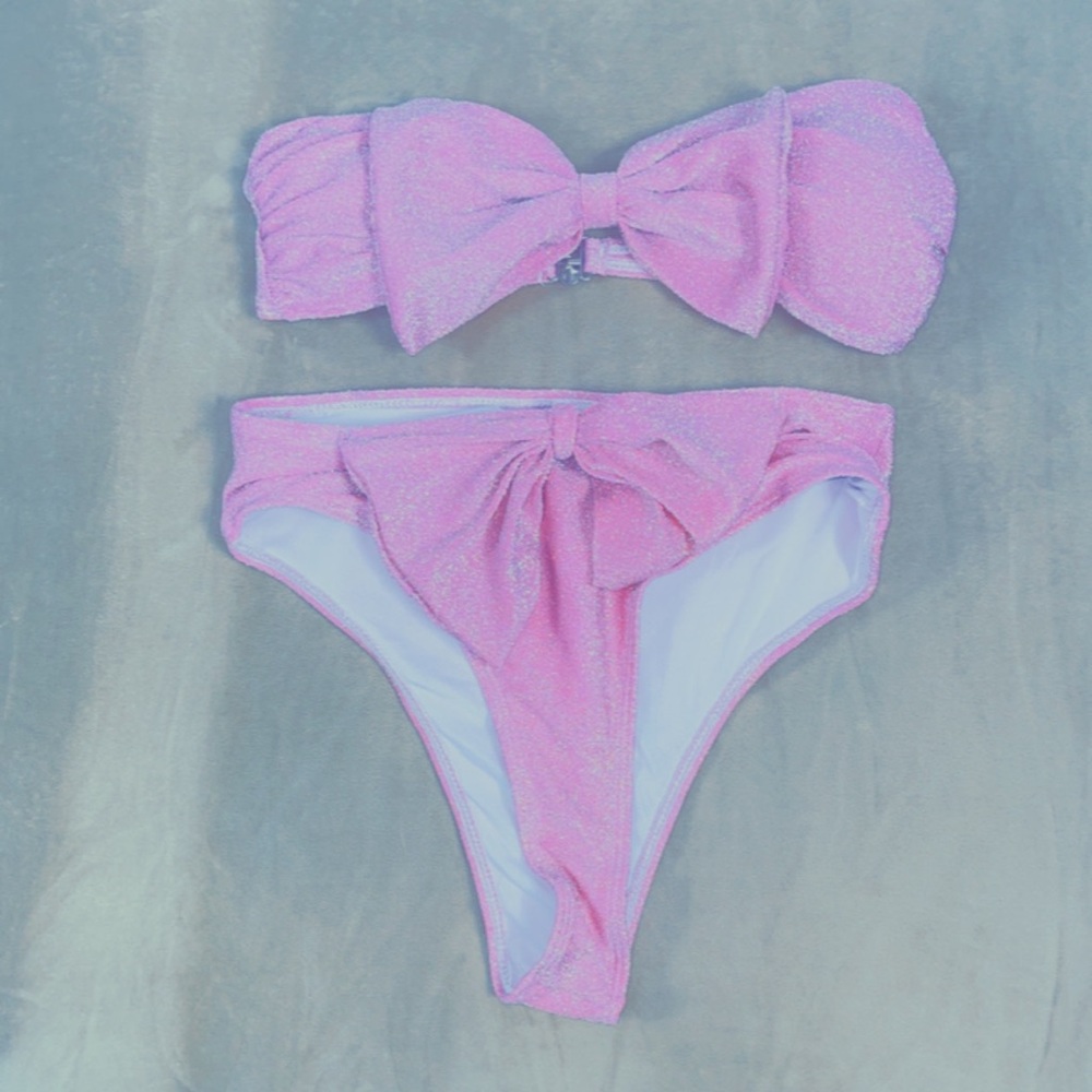 pink sparkley strapless thong bikini